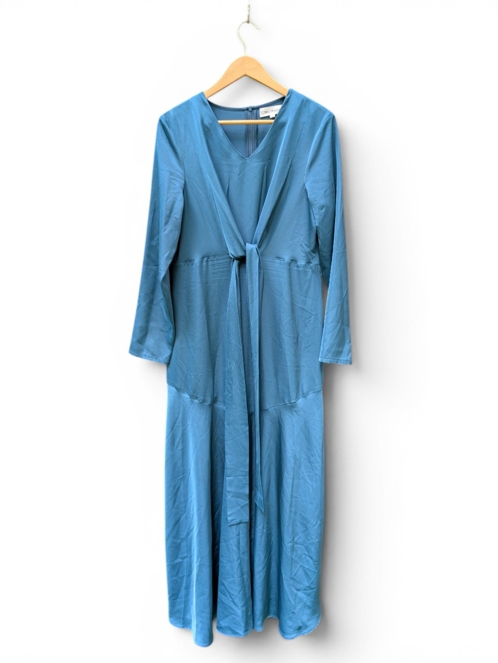 Sky Blue Long-Sleeve Tie-Front Maxi Dress
